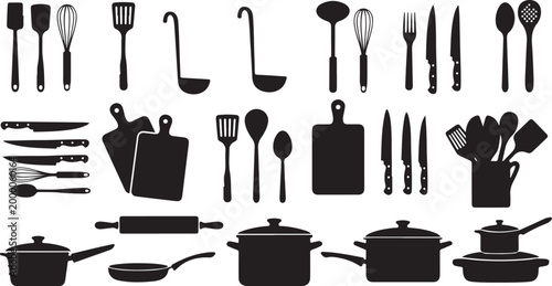 Black kitchen utensils and cookware silhouettes