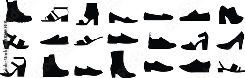 Shoes silhouettes collection, men and women footwear set, fashion shoe icons, casual and formal styles isolated on white background