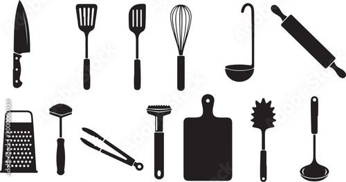 Black kitchen utensils on white background cooking tools