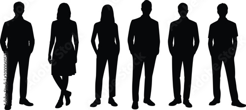 Silhouette business people standing, casual and formal attire, teamwork concept, corporate diversity, professional unity, leadership inspiration, office collaboration, success group