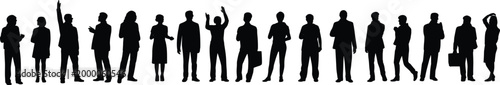 Silhouette business people standing, diverse poses, teamwork concept, corporate group unity, professional attire, leadership inspiration, office diversity, success collaboration