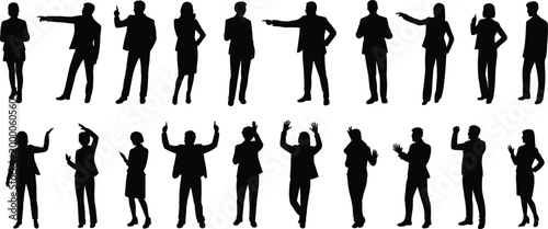 Silhouette business people standing, professional group illustration, corporate teamwork concept, diverse office workers, workplace interaction, body language, communication, collaboration, success