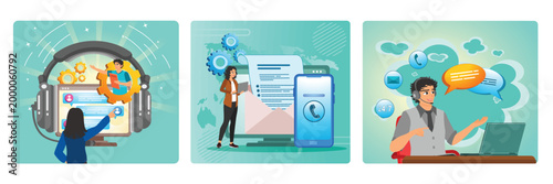 Customer self service concept. Get in touch With Email, Laptop, and Smart phone. Call center.