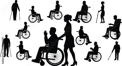 Silhouette disabled people with mobility aids, wheelchair users, crutches and canes, caregiving assistance, accessibility concept, inclusion diversity, health illustration