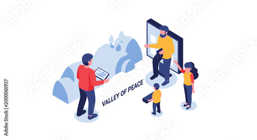 Isometric Illustration of Family Interacting with Virtual Reality Display.