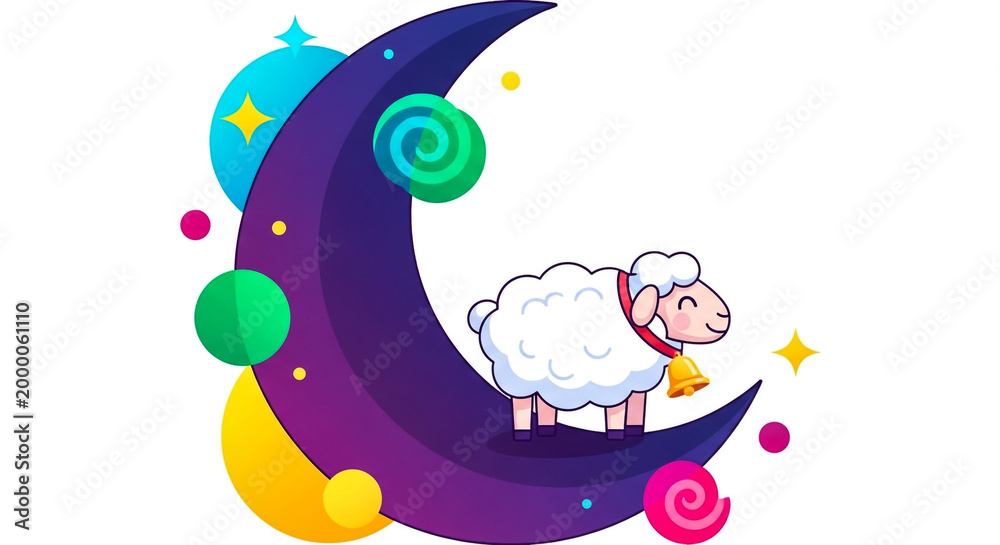 Naklejka premium A cartoon sheep sleeps peacefully on a colorful crescent moon