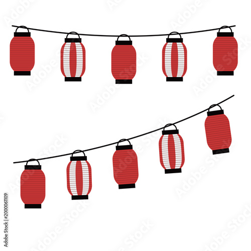 縦長の赤提灯と紅白模様の提灯が交互に吊るされている夏祭りの装飾イラスト