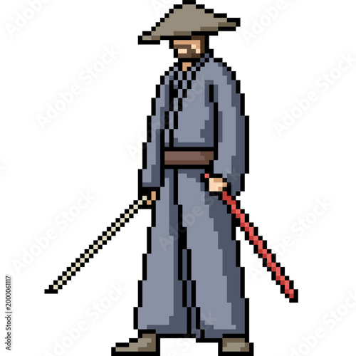 pixel art isolated background of japanese samurai with sword
