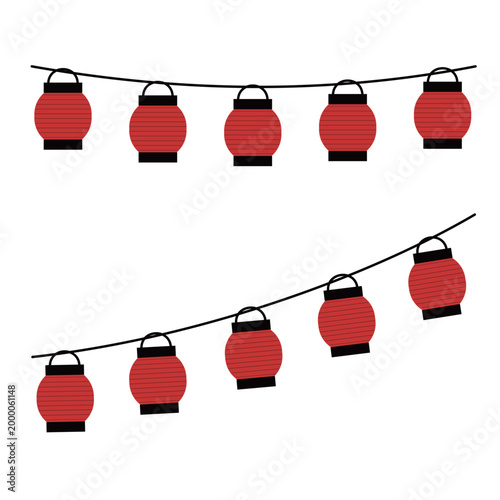 夏祭りの会場や商店街の軒先に吊るされている赤い提灯の列のイラスト