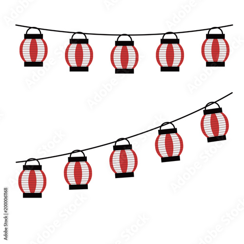 紅白の縞模様が鮮やかな提灯が列をなして吊るされている夏祭りのイラスト
