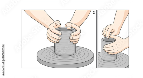 Hands shaping a cylinder of grey clay on a rotating pottery wheel in a dual-panel sequence against a stark white background with a clean hand-drawn style.