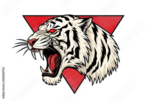 Roaring white tiger head illustration on red triangle background