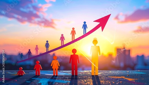 Conceptual illustration of growth with stylized human figures on ascending bars, large upward arrow curving above, background of sunrise sky with clouds, symbolizing progress, success, and positive de
