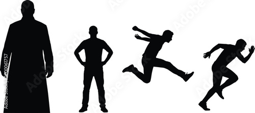 Male silhouettes collection with standing running and jumping poses including dynamic movement figures isolated on white background