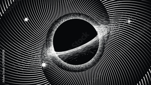 Black hole with disc of plasma eating dying star in space. Supermassive singularity in core off a galaxy, with spiral lines . Event horizon .Vector illustration