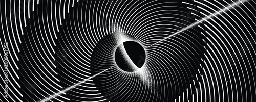 Black hole with disc of plasma eating dying star in space. Supermassive singularity in core off a galaxy, with spiral lines . Event horizon .Vector illustration