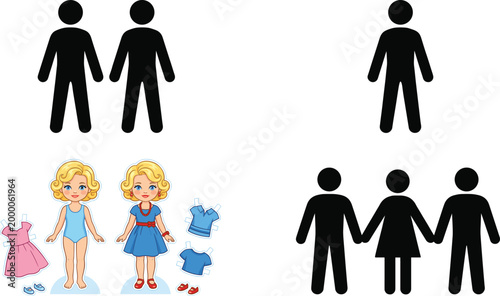 Set of family silhouettes and cartoon girl dress up character with clothing options isolated on white background