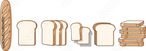 Fresh Bakery Bread Illustration Set Featuring French Baguette, Sliced White Loaf, Toast, and Sandwich Slices for Bakery Menus, Grocery Branding, and Healthy Breakfast GraphicsFresh Bakery Bread Illust