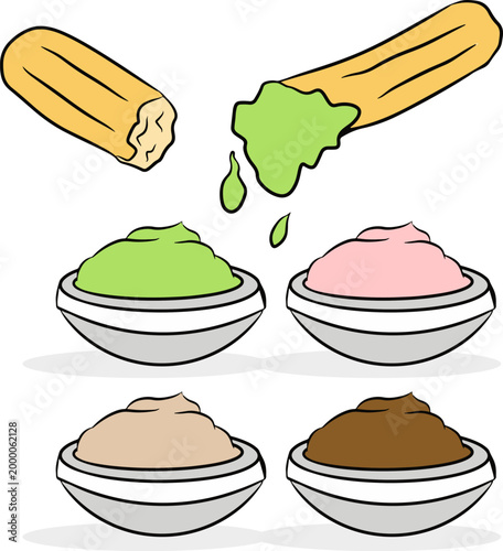 Churros with Assorted Dipping Sauces Hand Drawn Food Illustration Set