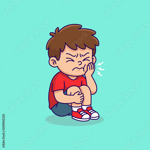 Cute cartoon boy suffering from severe toothache