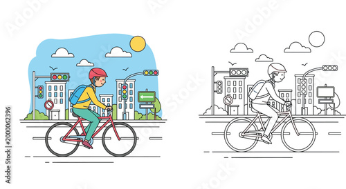 Urban cycling vector illustration featuring a young man riding a bike in the city. Includes full color version and black and white line art outline for coloring book page.