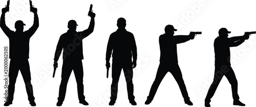 Silhouettes of armed individuals holding guns in various poses, weapon stance vector illustration, firearm action design for security, defense, training