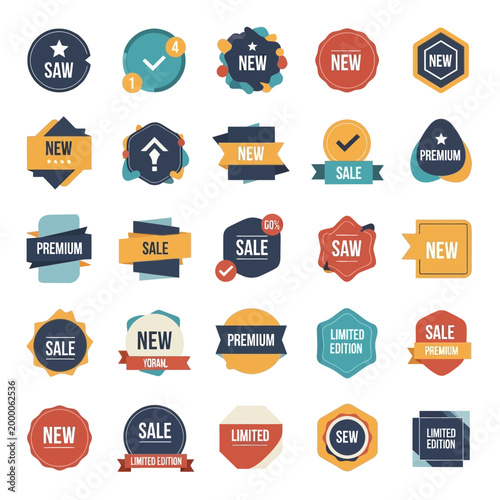 Collection of Sale, New, Premium, Limited Edition Badges and Labels