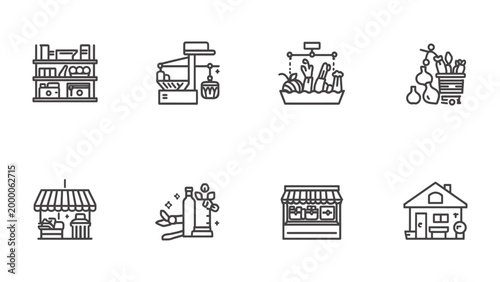 Grocery Store Icons Collection: A collection of simple, black-and-white icons illustrating the various aspects of a local grocery store, from shelves to scales, and market stalls. 
