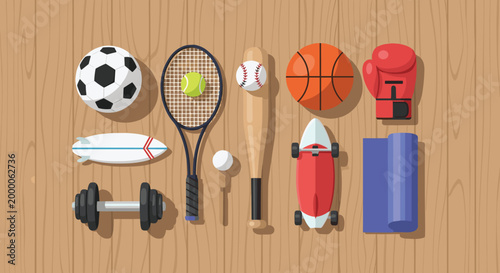 An assortment of sports equipment including a soccer ball, tennis racket, and baseball bat is arranged neatly on a wooden floor surface in a top-down perspective.