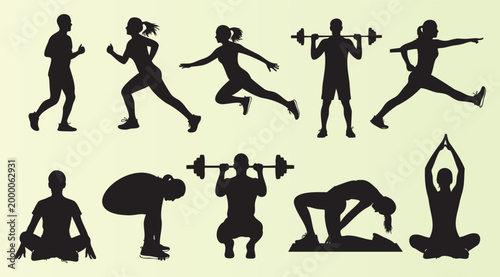 Collection of fitness and exercise silhouettes showcasing various workout poses and activities