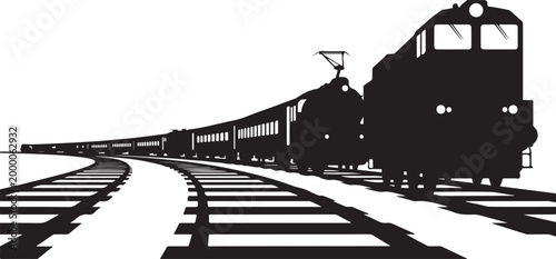 Black silhouette train on curved railroad tracks