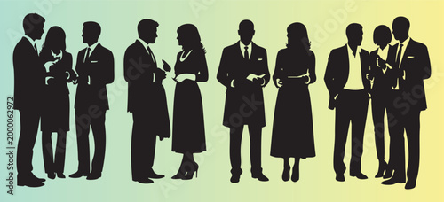 Elegant silhouettes of men and women in formal attire conversing and socializing gracefully together