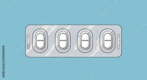A clinical blister pack containing four identical oval tablets with score lines sits against a solid light blue background in a clean, flat medical illustration style.