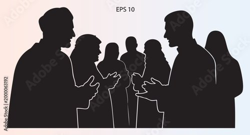 Silhouette of diverse group of people clapping and engaging in a lively discussion scene illustration