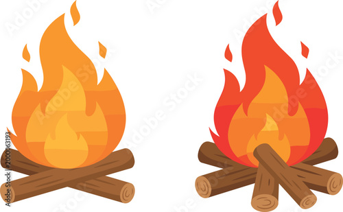 Campfire Illustration Set with Burning Wood Logs and Bright Flame Variations for Camping, Outdoor Adventure, Survival and Nature Themed Design Use