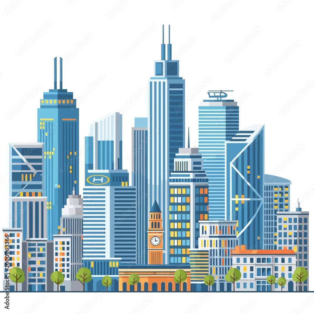 Fototapeta premium Modern Cityscape Skyline with Tall Buildings and Clock Tower - Flat Design Illustration