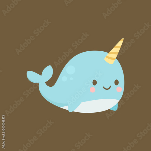 Cute Narwhal Cartoon Illustration Flat Design Baby Sea Animal Character