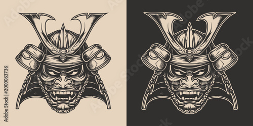 Vintage retro engraving woodcut style sketch draw paint of Samurai scary angry japanese head mask illustration