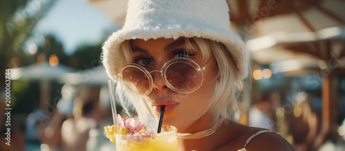 Vogue style woman with cocktail at beach bar