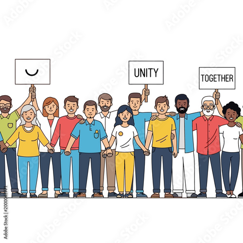 Diverse Group Holding Signs Promoting Unity and Togetherness