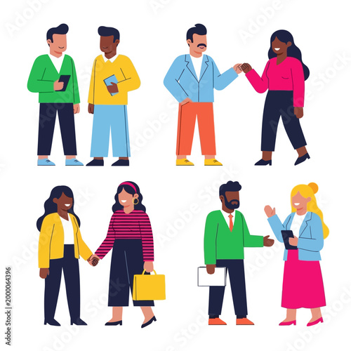 Diverse professionals interacting in a minimalist, flat design illustration