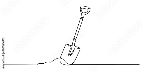 Continuous single line drawing of a garden shovel tool for digging in soil for farming and landscaping work in a simple modern style Vector, illustration
