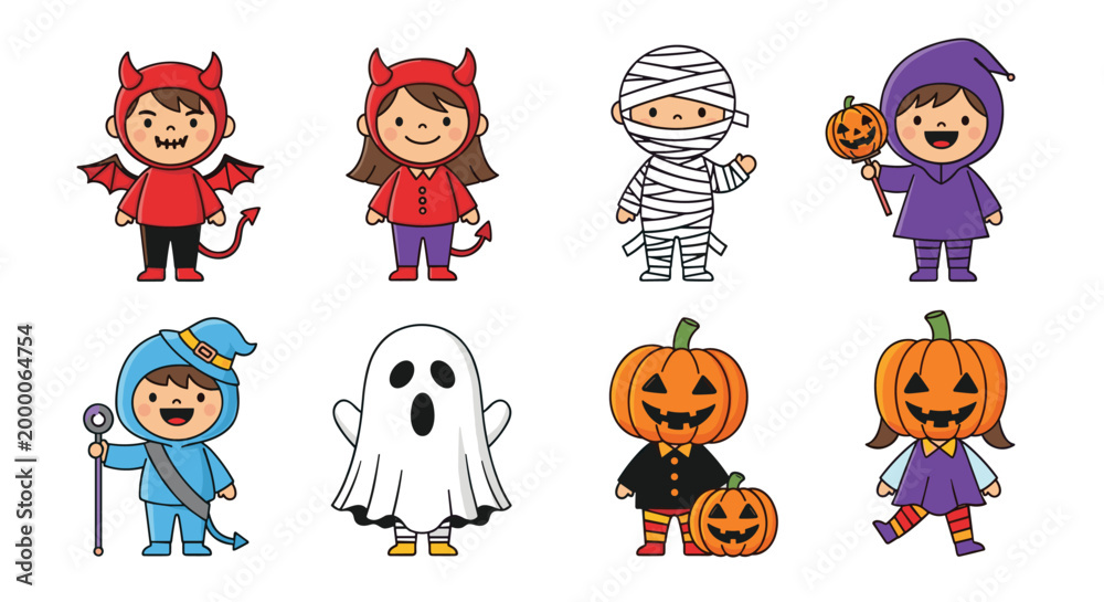 Fototapeta premium Collection of cute children dressed in diverse Halloween costumes including devil mummy witch ghost and pumpkin characters.