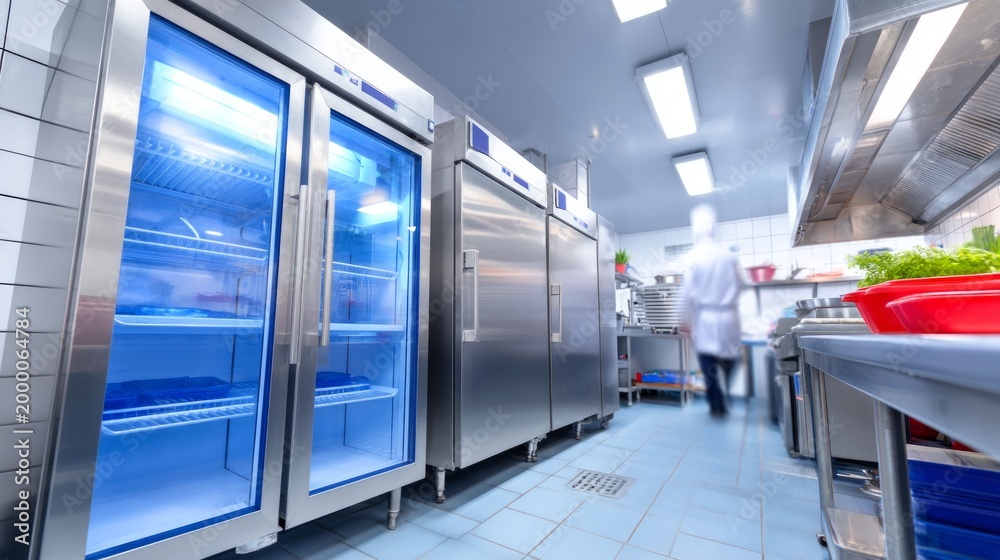 Obraz premium Large Commercial Kitchen Prep Area with Stainless Steel Refrigerator Units
