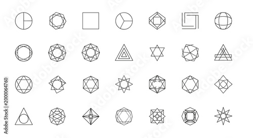Assortment of complex geometric shapes and line art symbols featuring circles triangles and polygons for modern design projects.