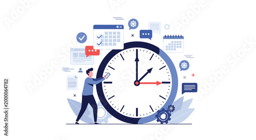Time management concept illustration showing a professional man adjusting a giant clock surrounded by scheduling and task icons.