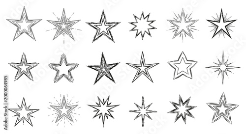 Diverse set of hand drawn star shapes and sparkles in various styles including glowing bursting and minimalist black line art.