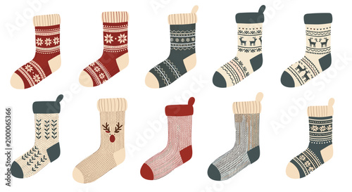 collection of festive christmas stockings with colorful patterns like snowflakes and reindeer is shown on a plain white background.