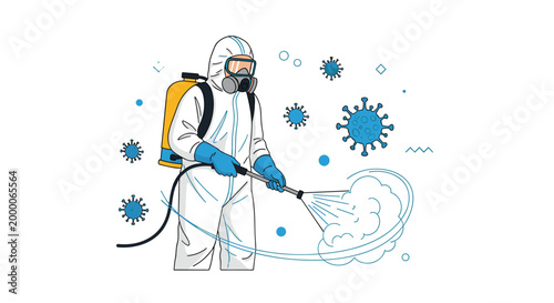 sanitation worker wearing a white protective hazmat suit and mask uses a sprayer to eliminate floating blue virus particles.