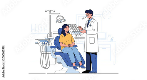 male dentist in a professional white coat examines a female patient in a dental chair using specialized tools in a clinic setting.